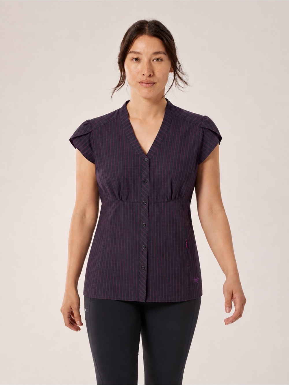 Arc'teryx women Purple Pink Striped Button dwn Blouse V-Neck flutter Sleeve M